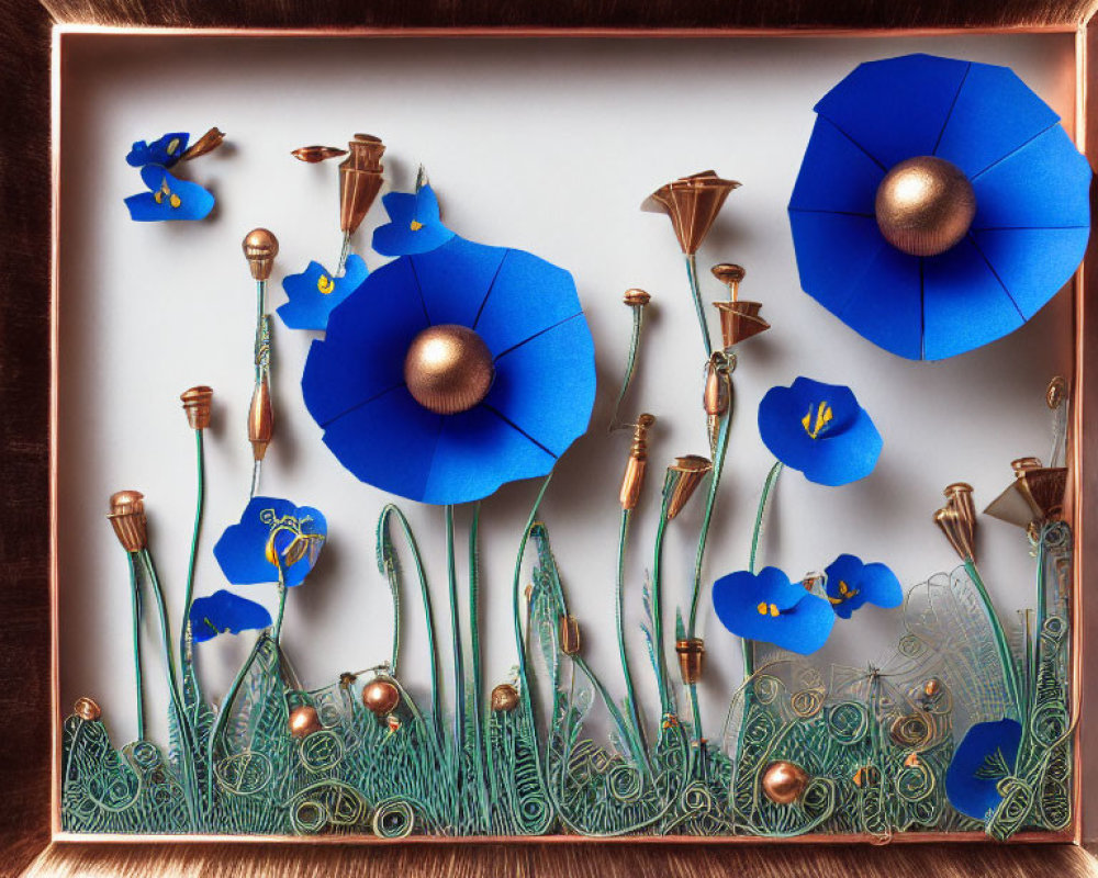 Blue Flower 3D Paper Art: Copper Stems, Green Filigree, Brown Frame