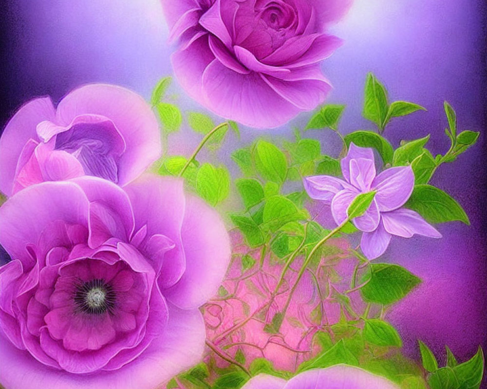 Colorful Cluster of Purple and Pink Roses and Anemones on Violet Background