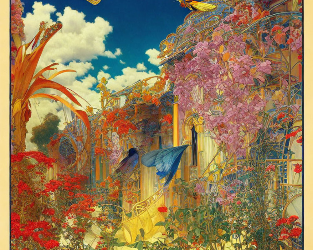 Colorful garden illustration with red flowers, greenery, architecture, and butterflies