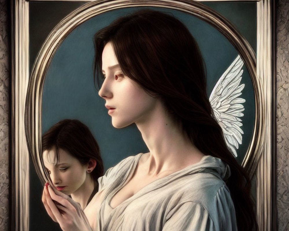 Pensive woman with angel's wing beside mirror holding red apple