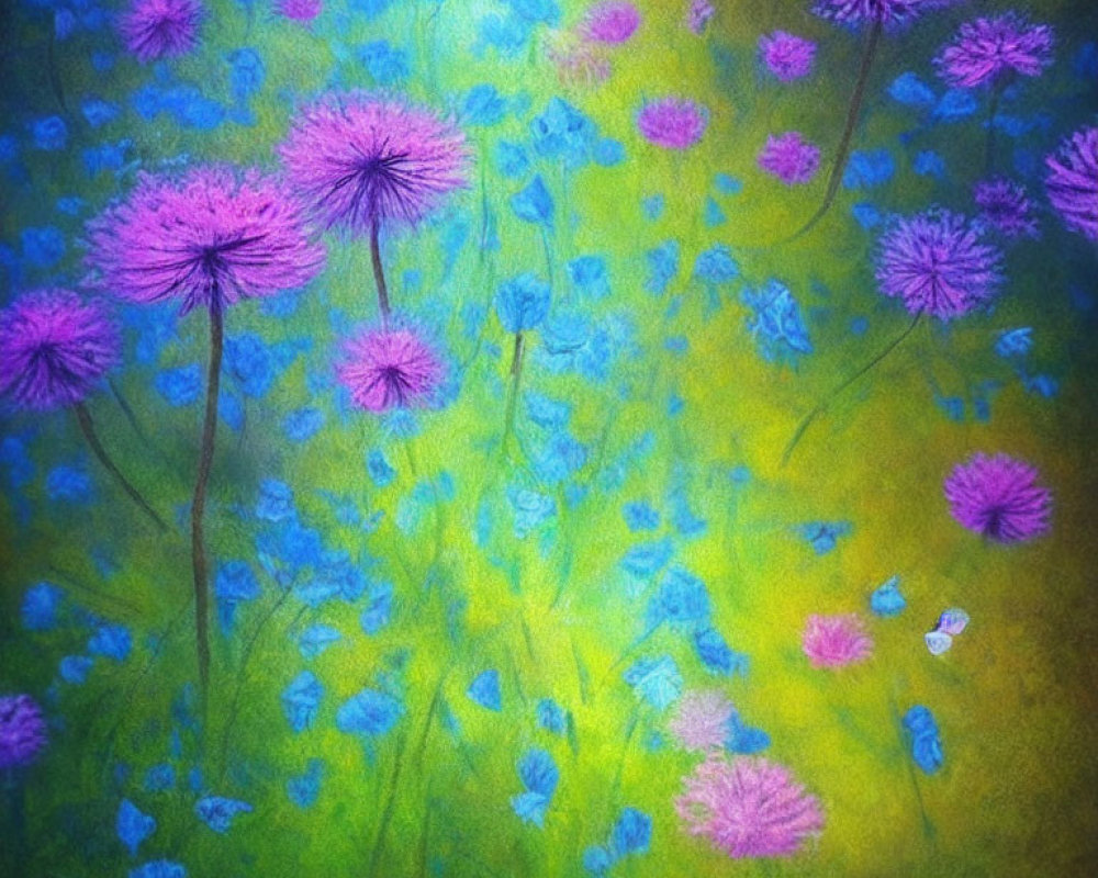 Colorful field painting with blue and purple flowers on green backdrop