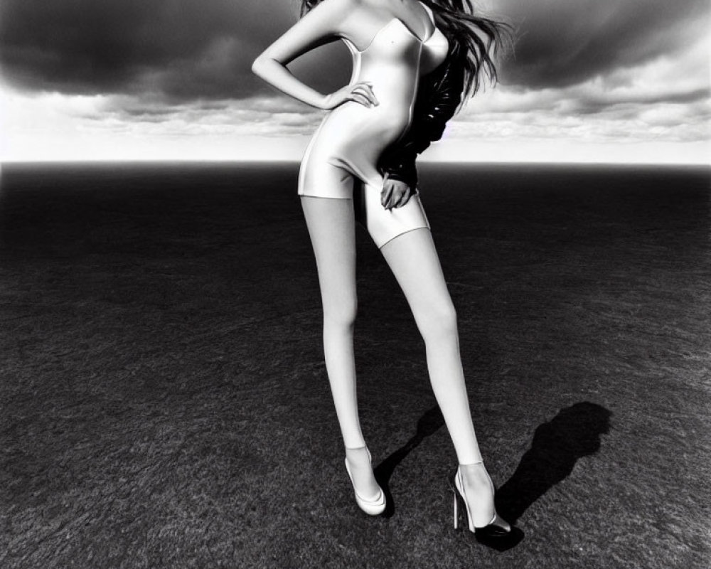 Monochromatic image: Woman in high heels and one-piece outfit with dramatic clouds.