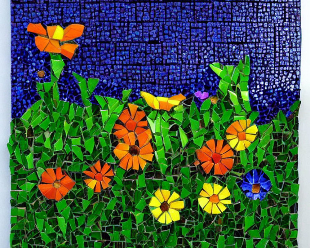 Colorful Flower Mosaic Artwork with Blue Sky and Green Background