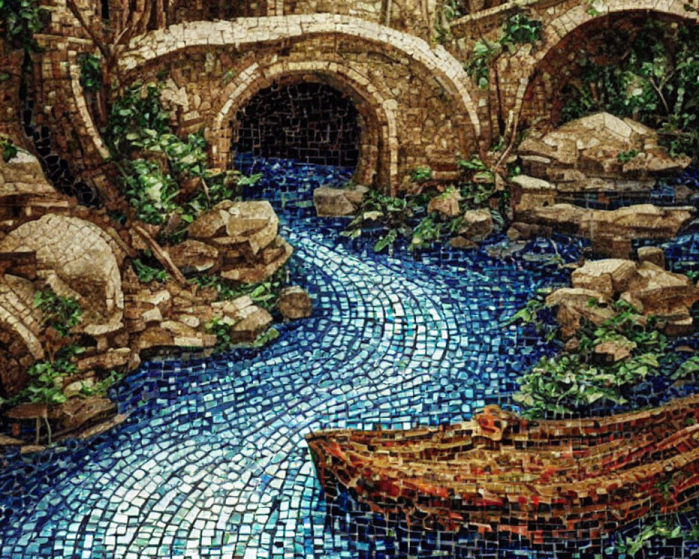 Ancient stone bridge mosaic with blue stream, boat, and lush greenery
