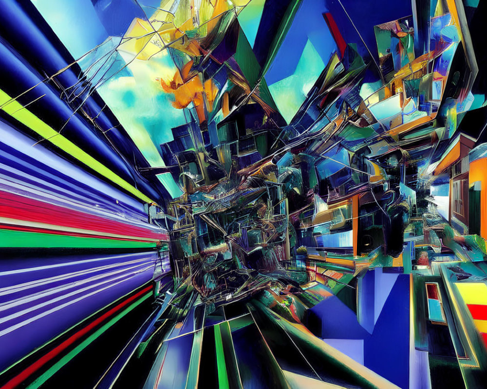 Colorful geometric shapes explode in abstract digital art.