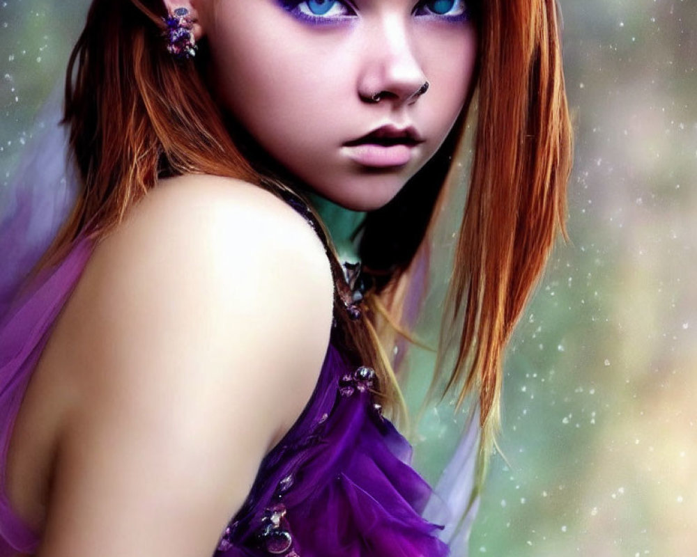 Portrait of a person with blue eyes, red hair, and purple attire in a fantasy setting