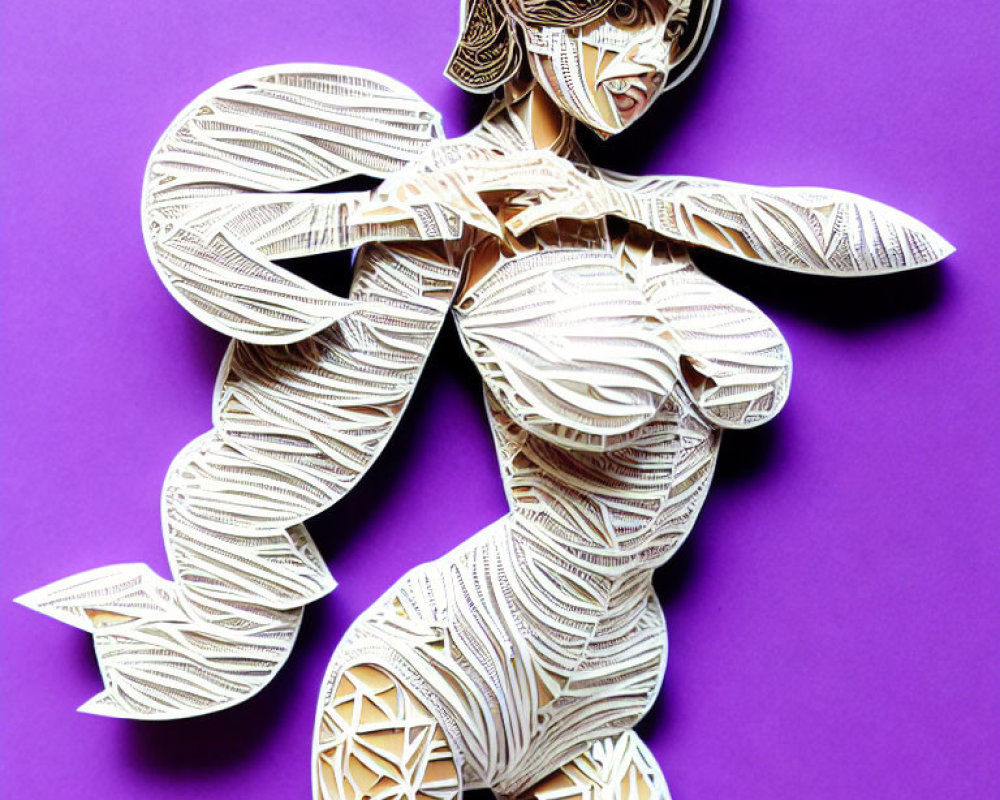 Intricate paper art of person in dynamic pose on purple background