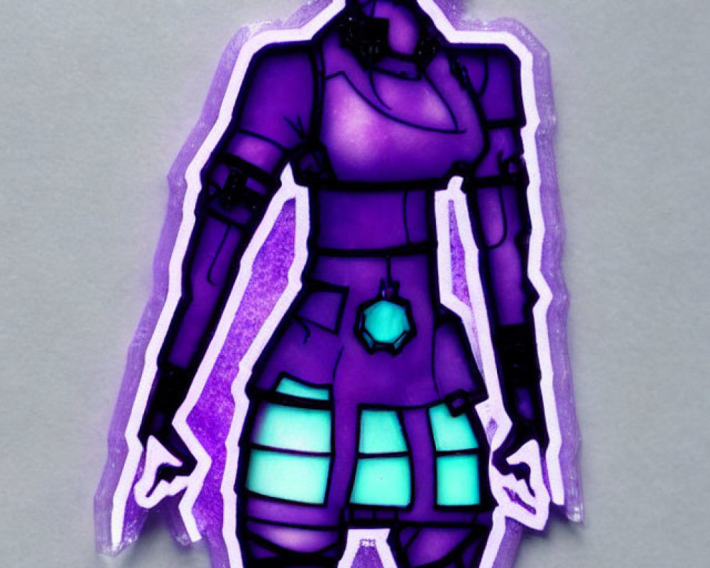 Stylized character sticker: Purple tones, cybernetic elements, blue hair, futuristic armor