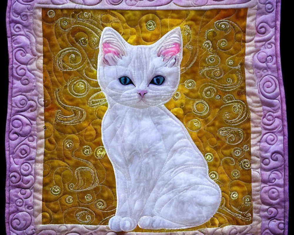 White Cat Quilt with Blue Eyes on Swirl Pattern Background