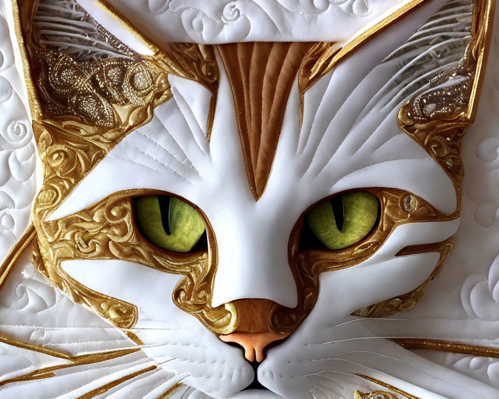 White and Gold Cat Masquerade Mask with Green Eyes and Intricate Patterns