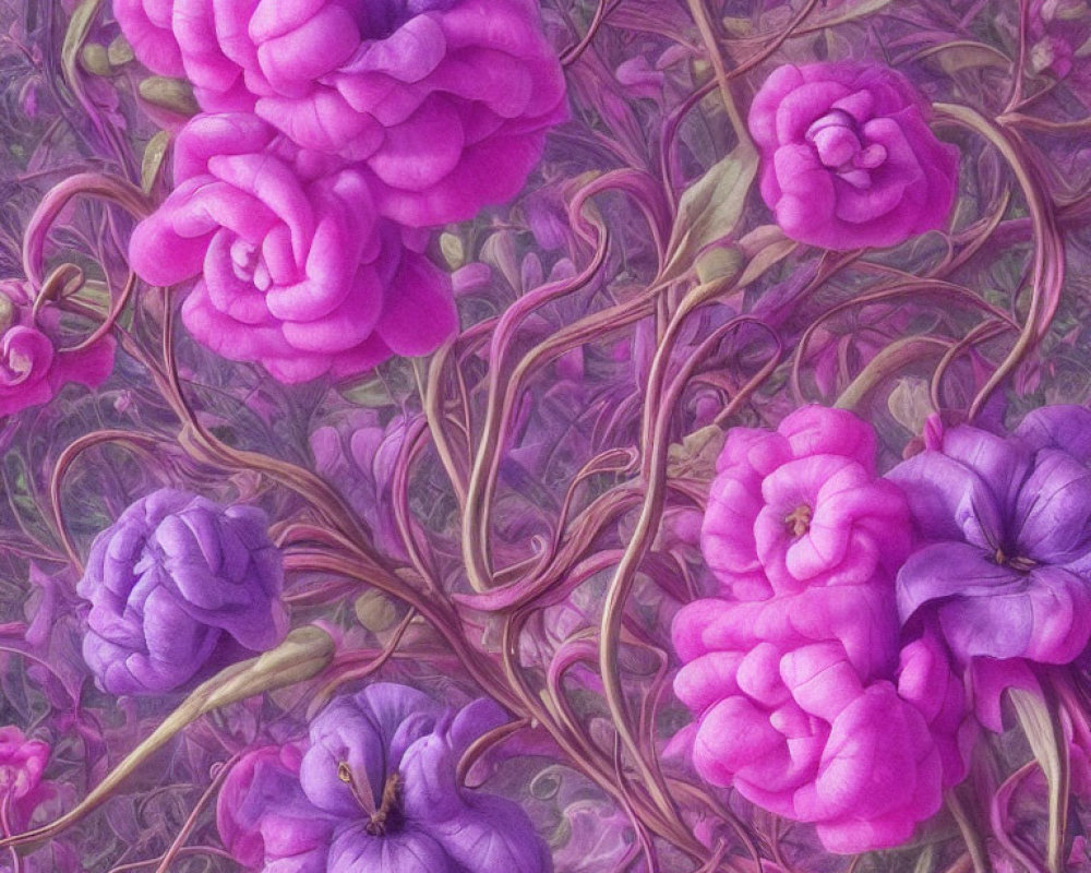 Detailed Purple and Pink Floral Illustration with Vines