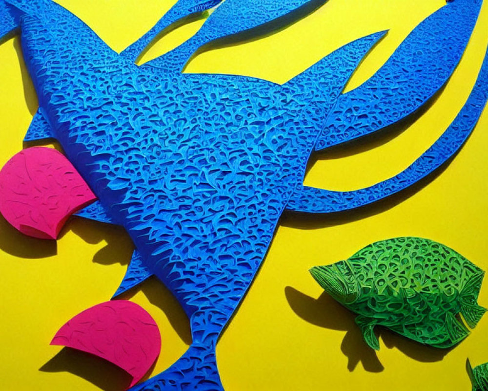 Colorful Paper Art Sculpture of Large Blue Bird with Cutouts on Yellow Background