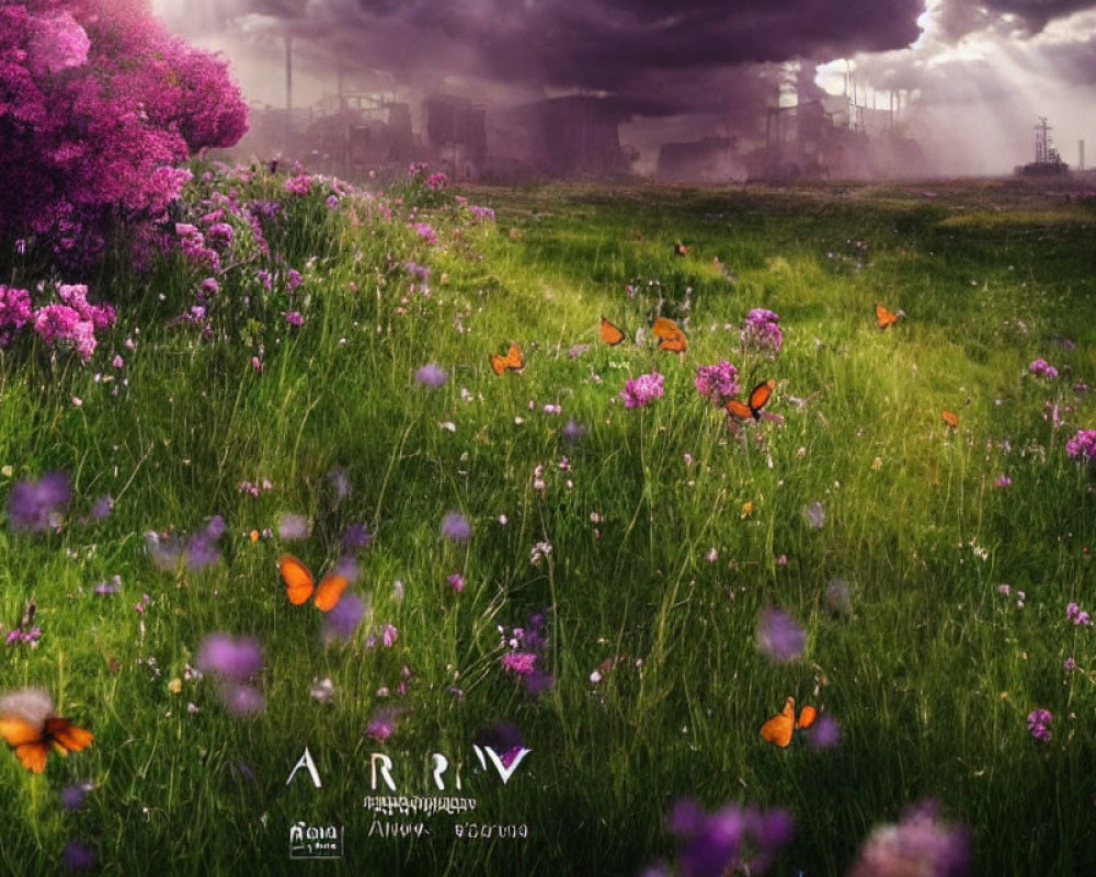 Purple flowers and butterflies under stormy sky with distant factories.
