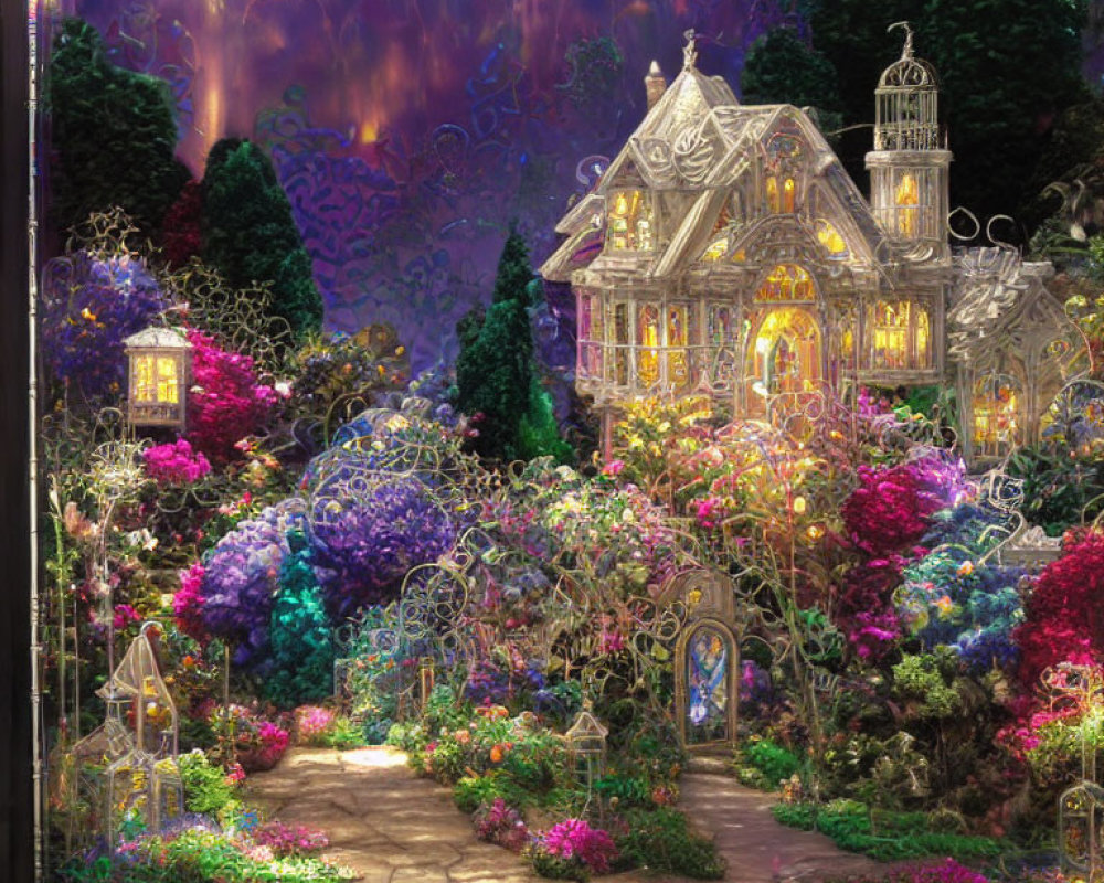 Detailed miniature garden with glowing Victorian-style house and vibrant flora under twilight sky