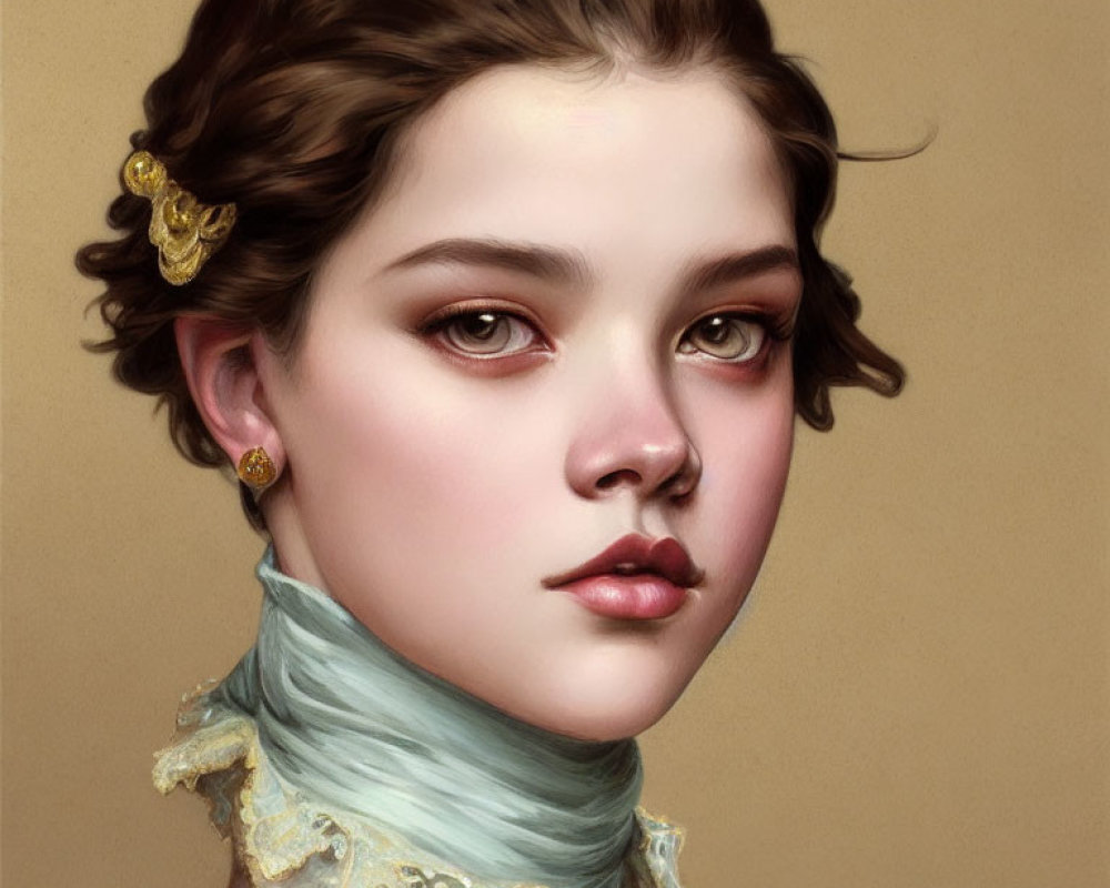 Young woman with brown hair and elegant gold accessories in digital painting