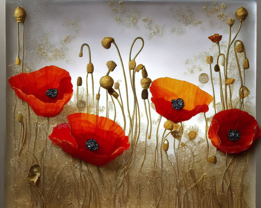 Vibrant Red Poppies 3D Wall Art on Textured Golden Background
