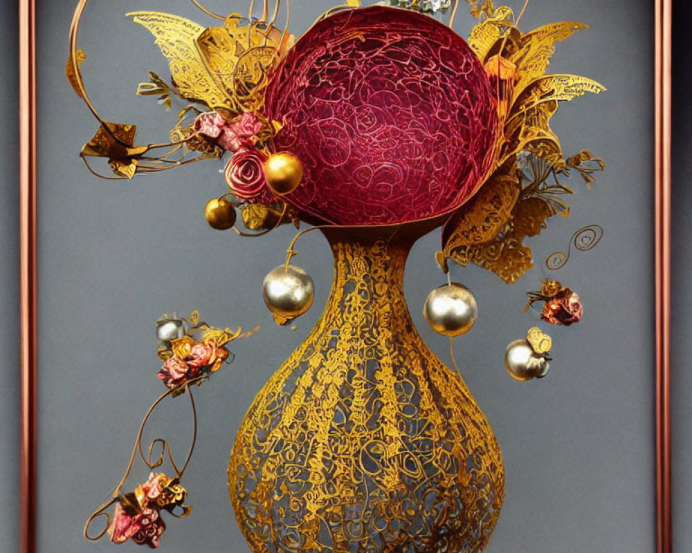 Intricate Golden Bauble with Red Sphere and Lace Patterns