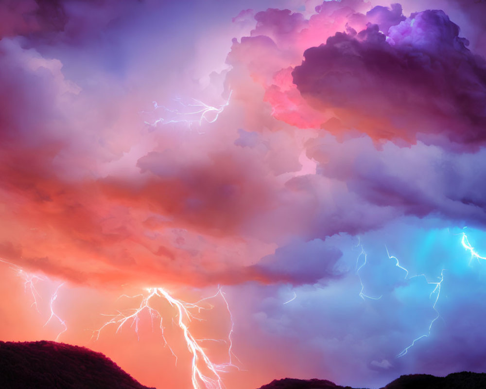 Vibrant pink and orange clouds with blue lightning bolts over silhouetted hills
