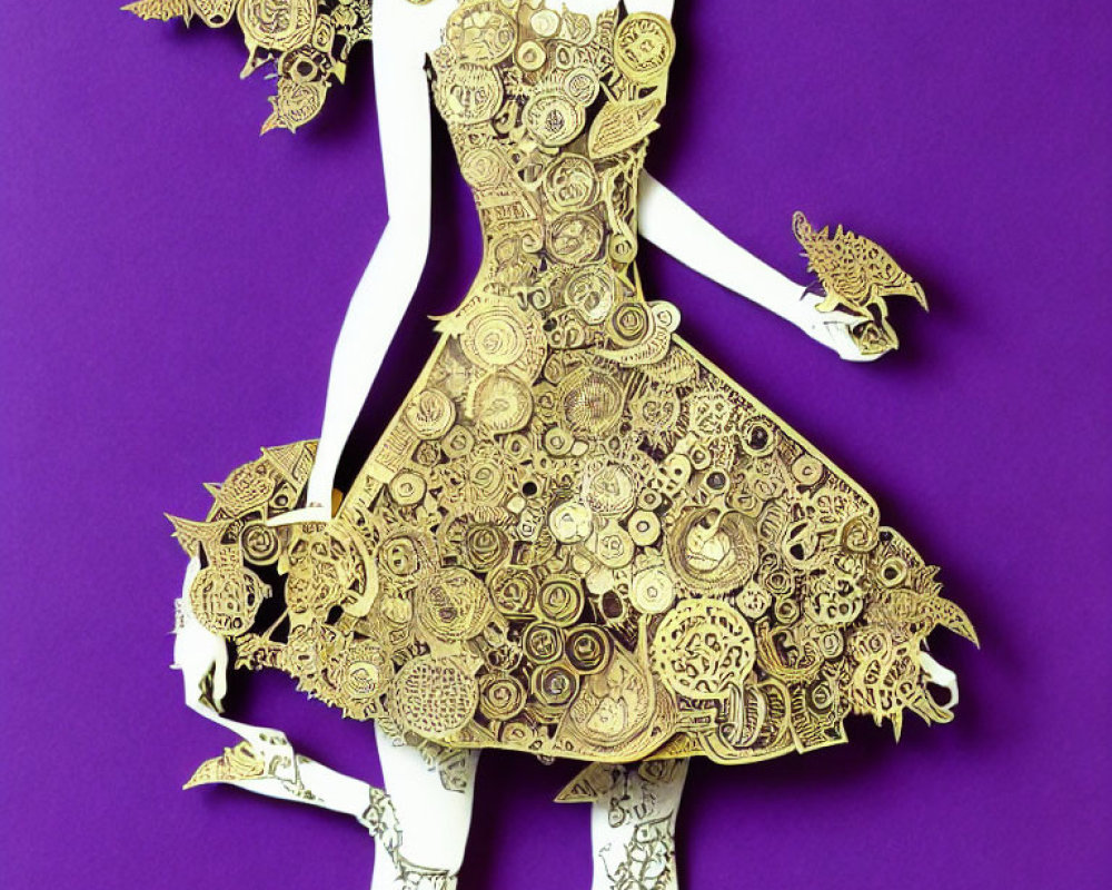 Intricate Paper Figure on Purple Background with Golden Patterns