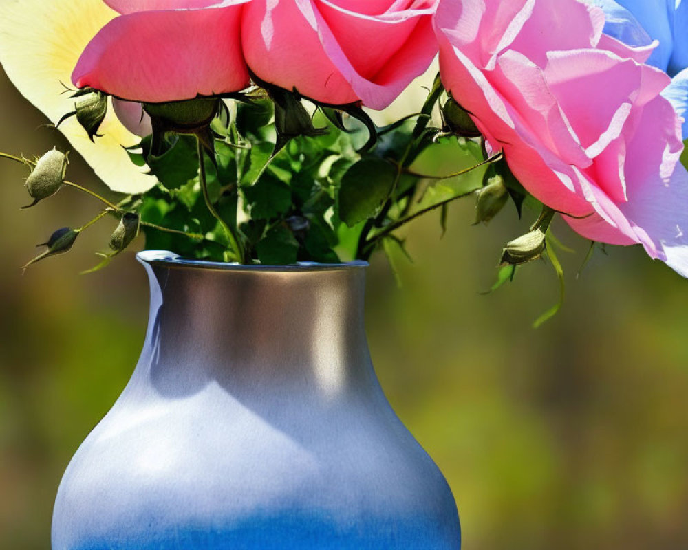 Multicolored Roses Bouquet in Blue Gradient Vase