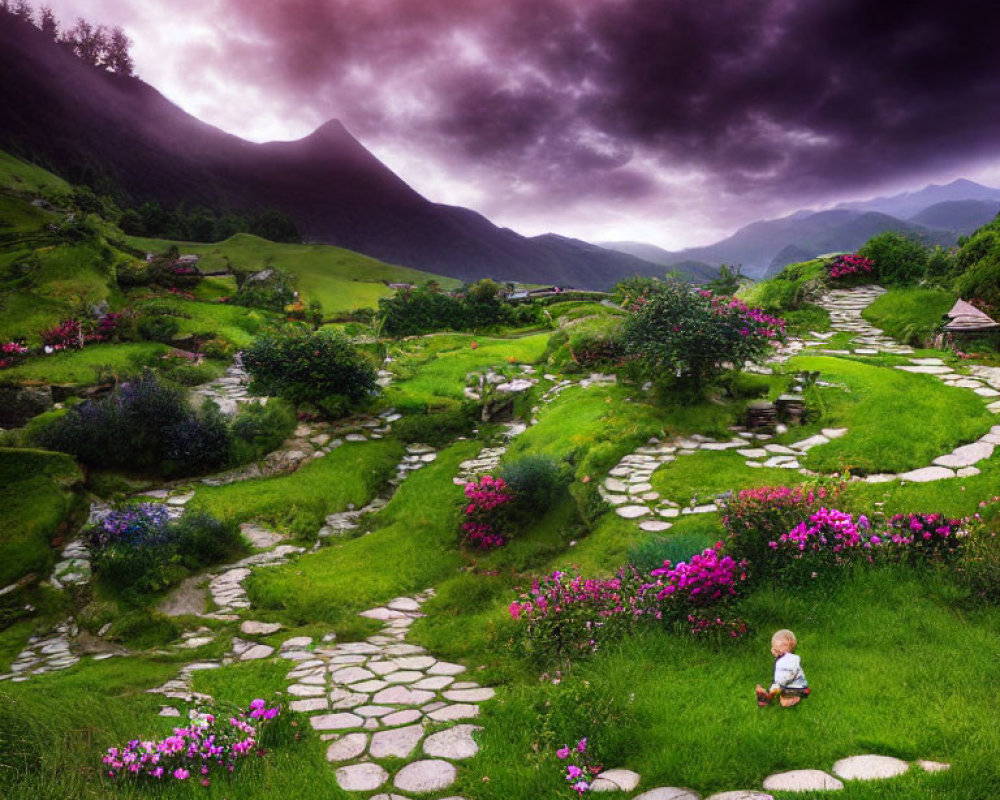 Stone Path in Lush Garden with Pink Flowers, Purple Sky, Mountains, and Child