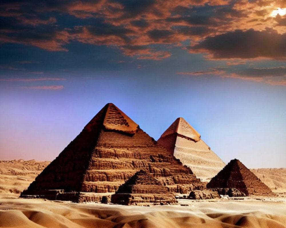 Iconic Pyramids of Giza at sunset with desert shadows