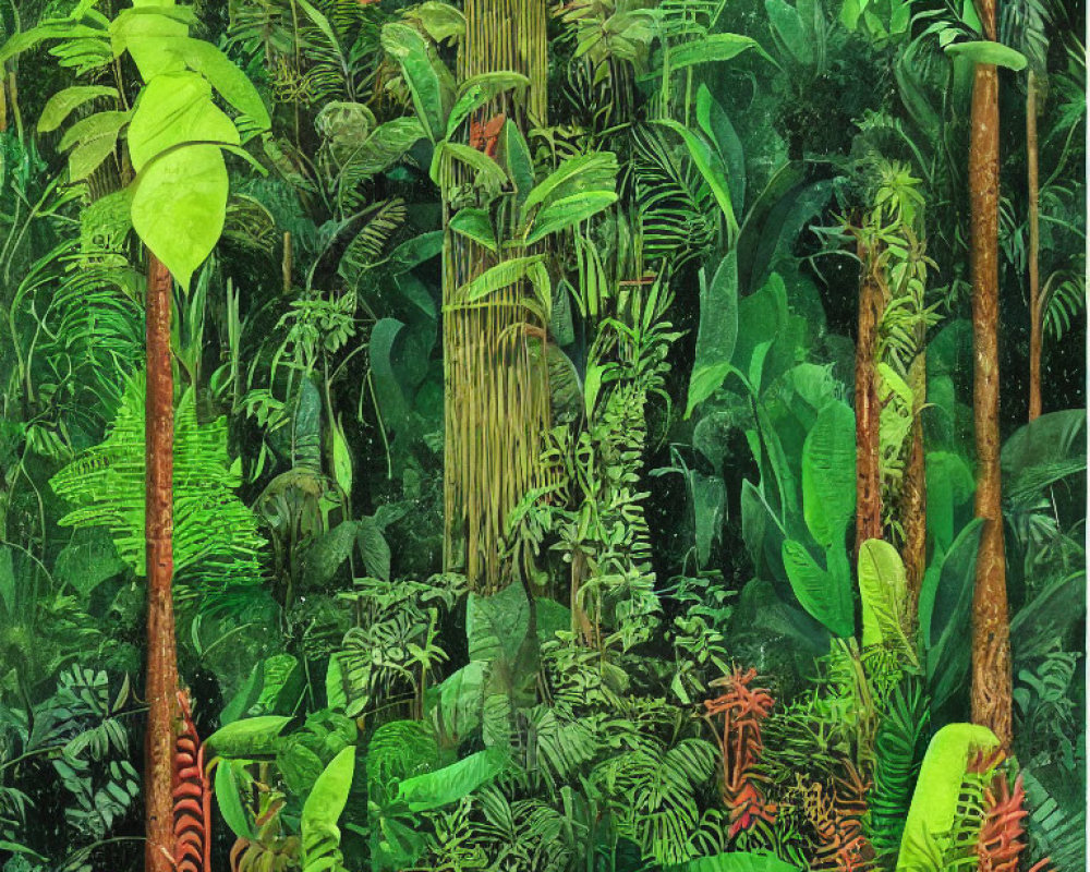 Lush green plants in dense tropical rainforest