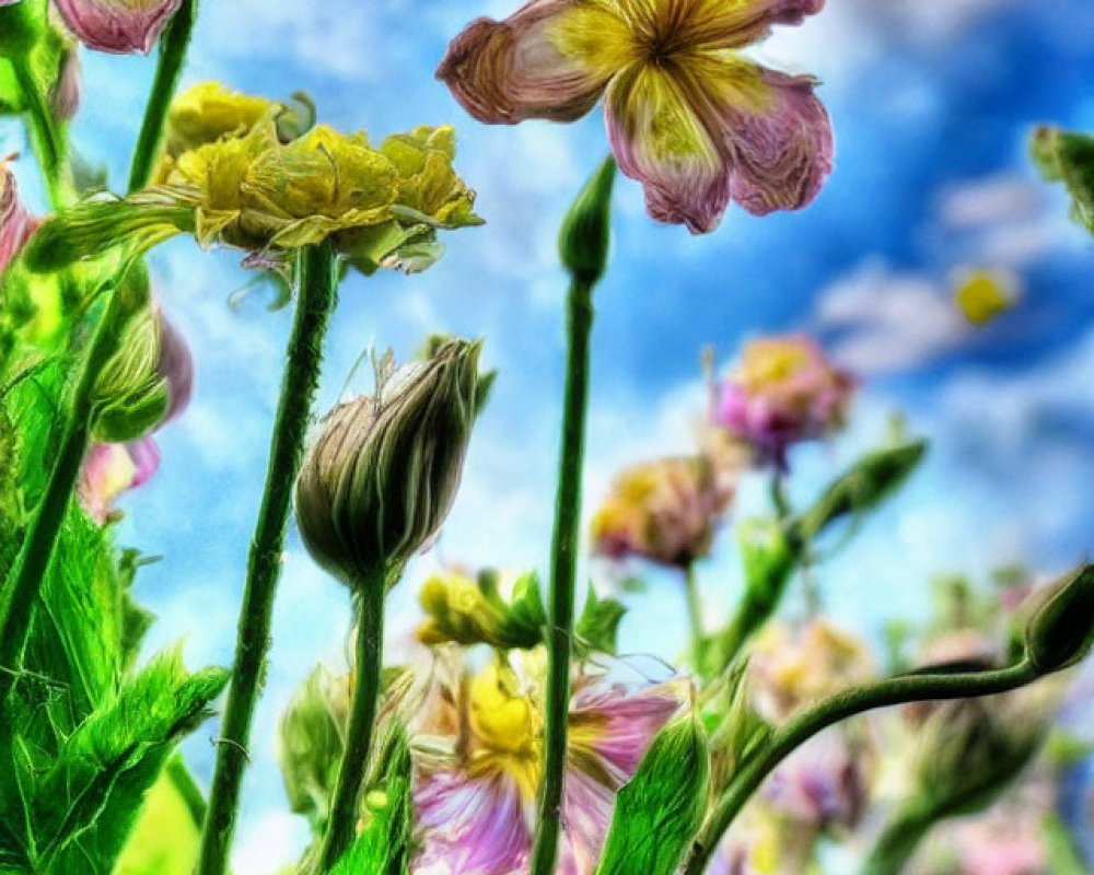 Colorful Close-Up of Flowers Against Blue Sky and Clouds
