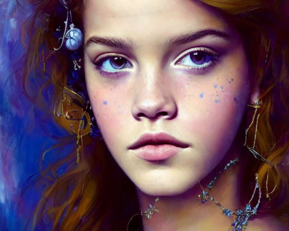 Young woman digital painting with blue jeweled headdress and sapphire speckles