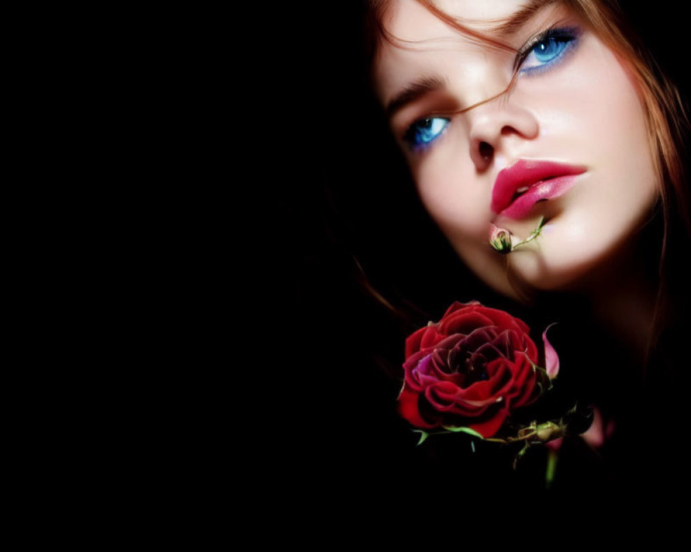 Person with Striking Blue Eyes Holding Red Rose on Dark Background