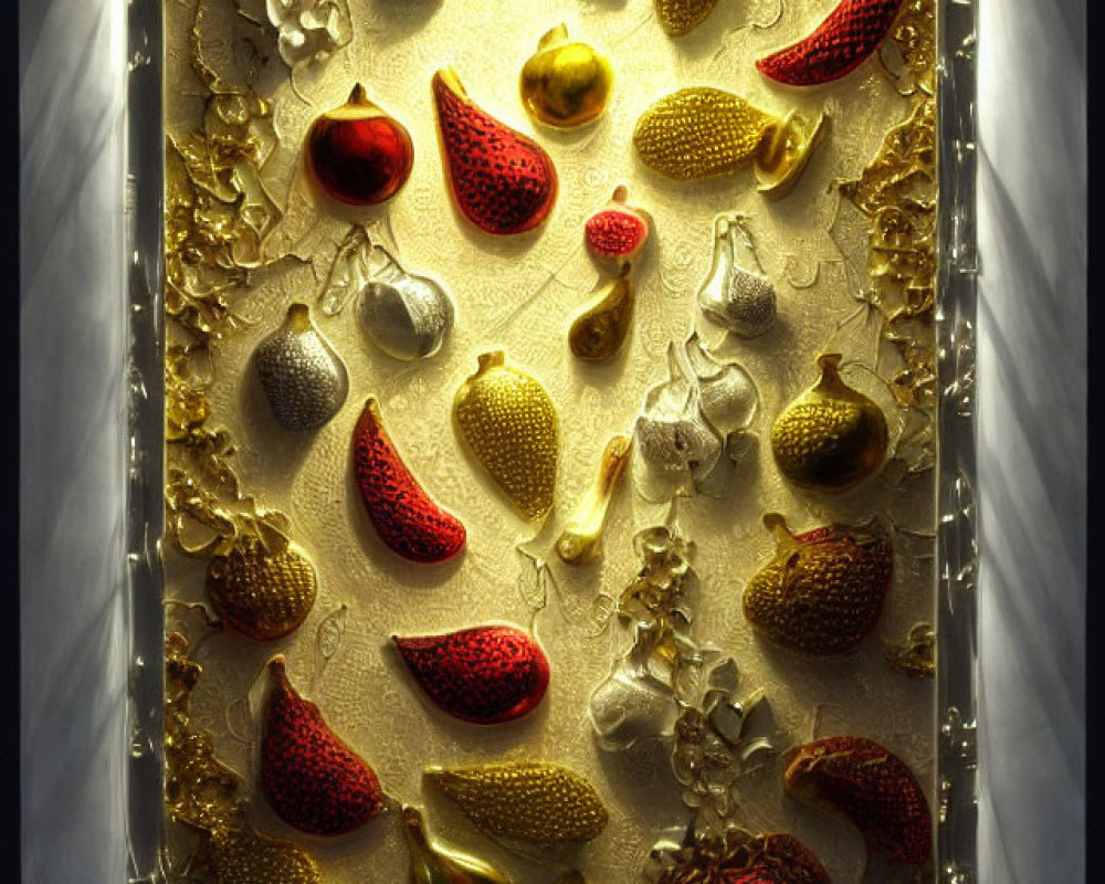 Golden frame encases textured artwork of embossed fruits and leaves in warm light