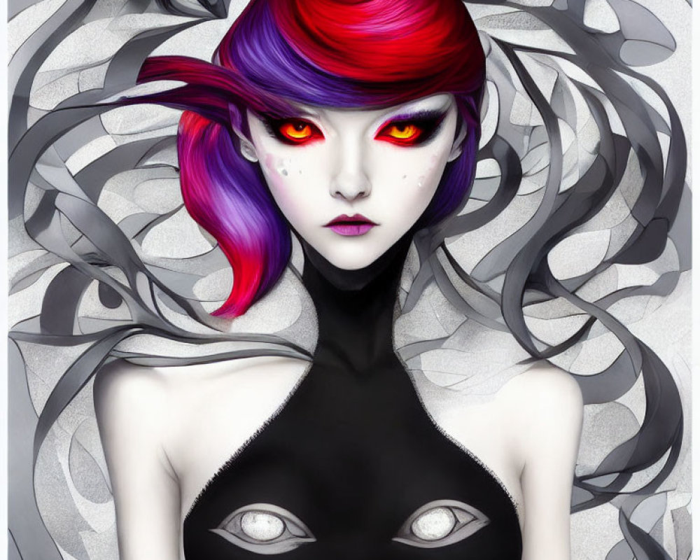 Stylized illustration of woman with red eyes and unique hair color