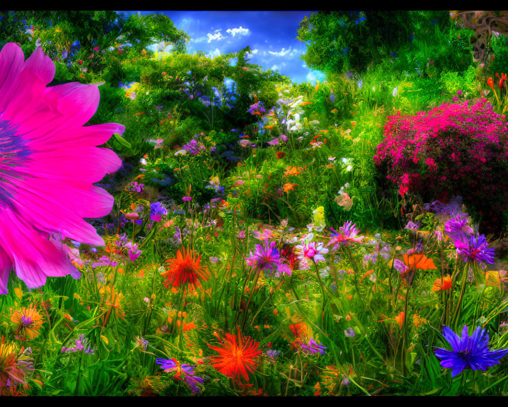 Colorful Garden with Large Pink Flower and Lush Foliage