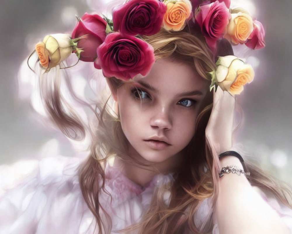 Young girl with blue eyes and floral crown in pensive gaze against misty backdrop