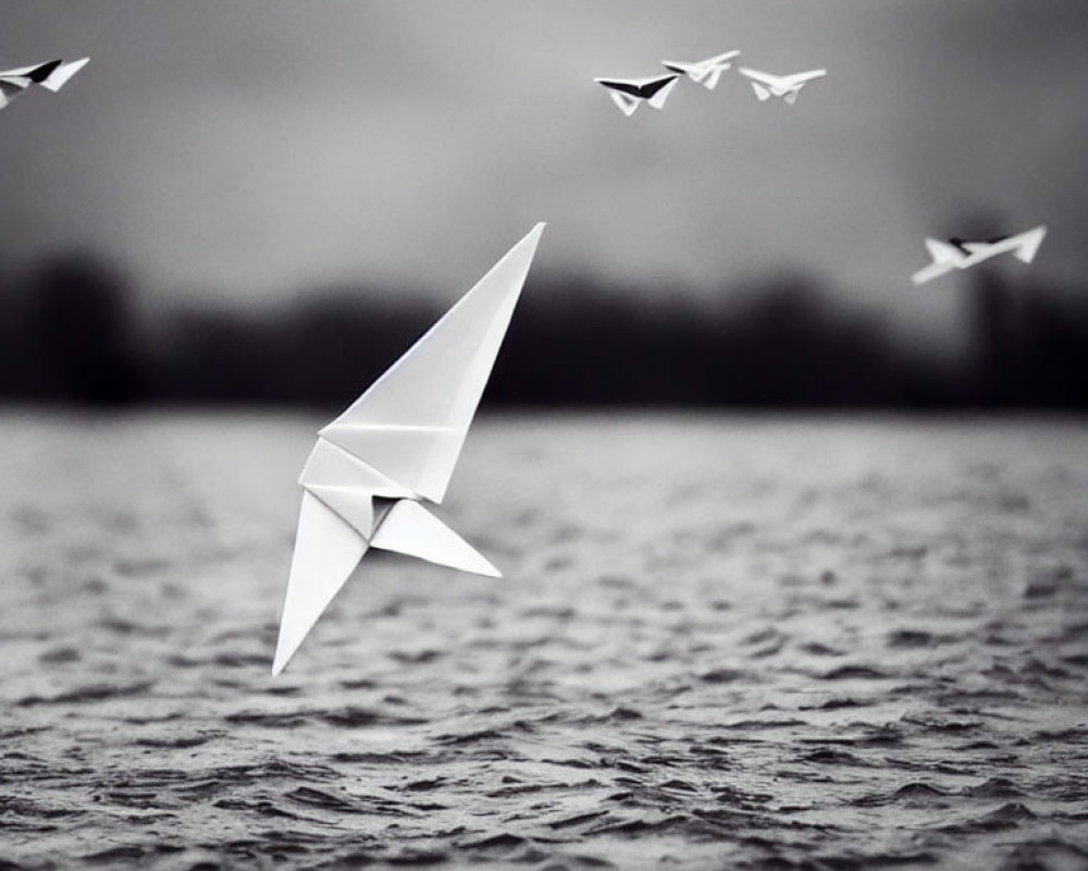 Monochromatic image of large paper crane on rippled water with flying smaller cranes