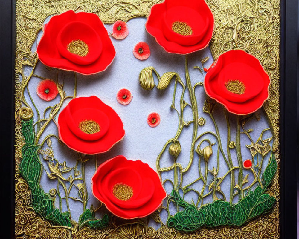 Colorful 3D paper art of red poppies with intricate details and black frame