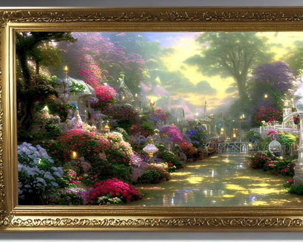 Vibrant fantasy garden painting: lush flowers, cobblestone path, glowing lamps, whimsical