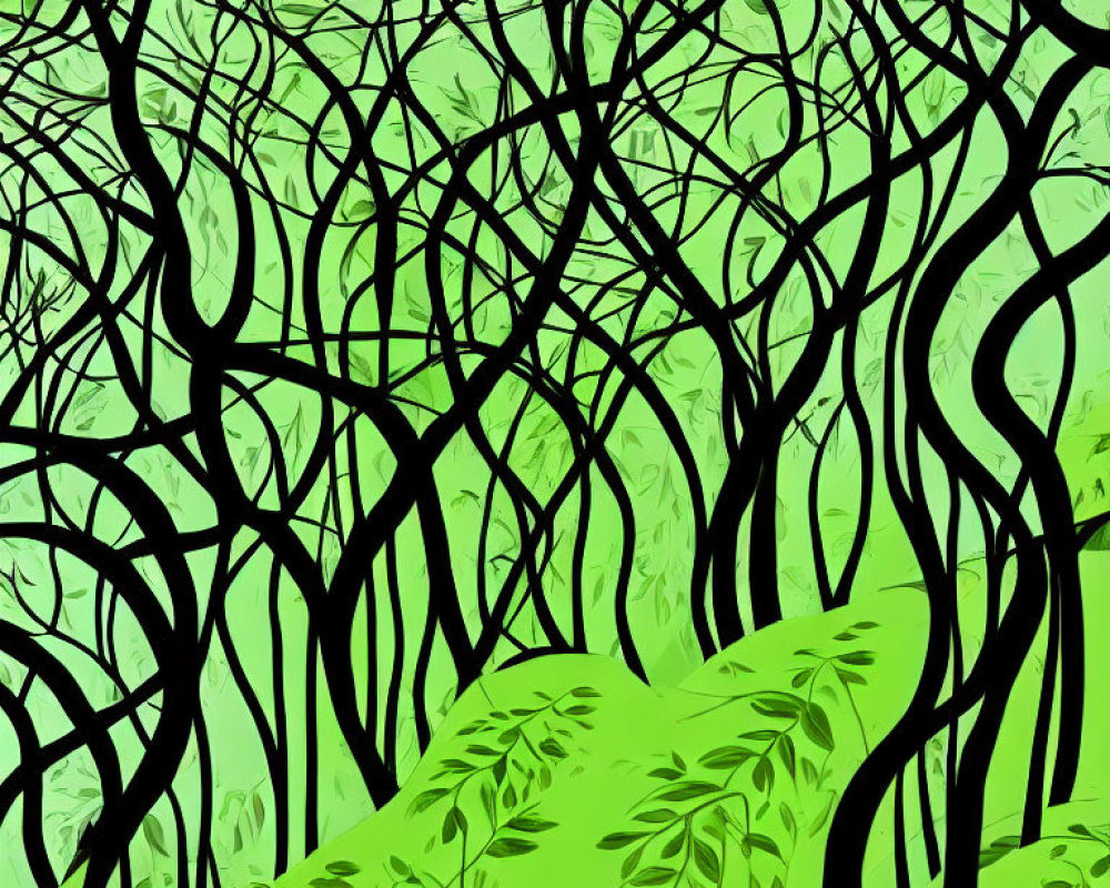 Detailed green forest illustration: twisted black trees on rolling hills