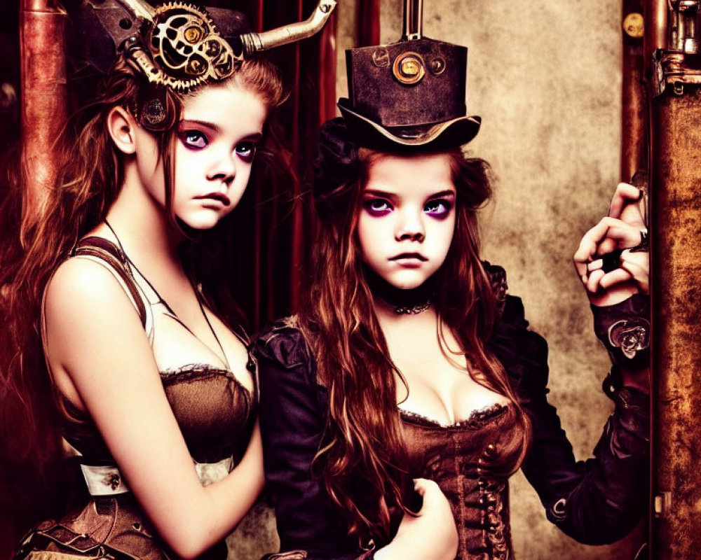 Two girls in steampunk attire with hats and goggles in vintage room.