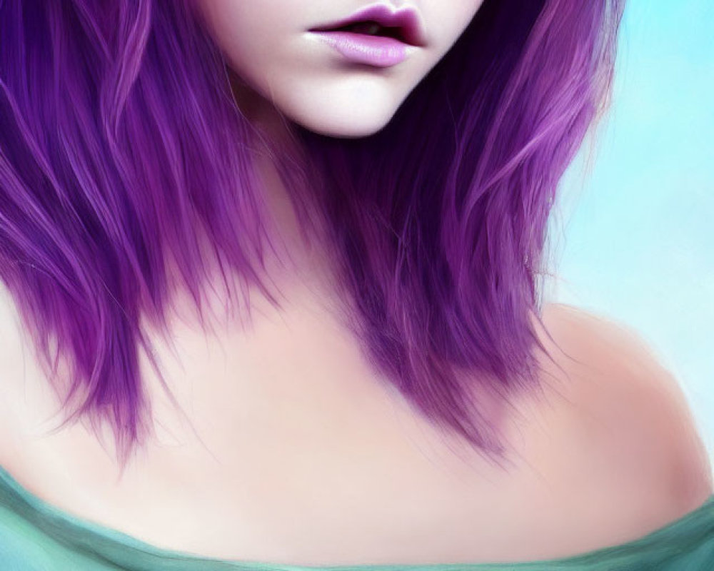 Vibrant purple-haired woman on blue gradient backdrop