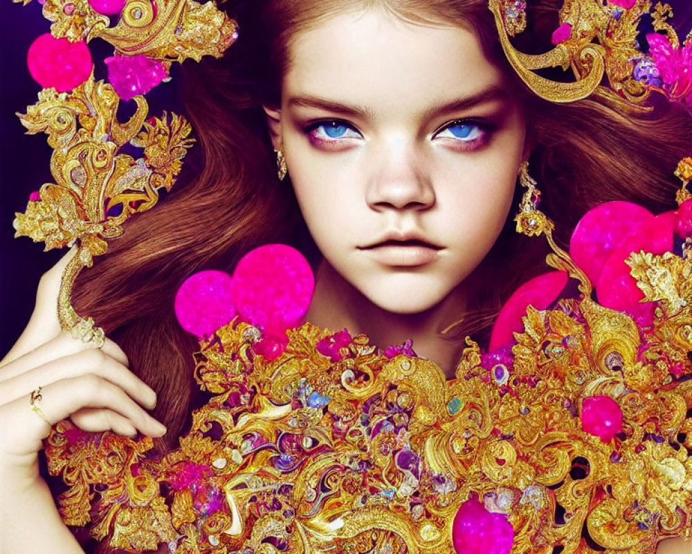 Blue-eyed girl adorned with gold and pink filigree and hearts.