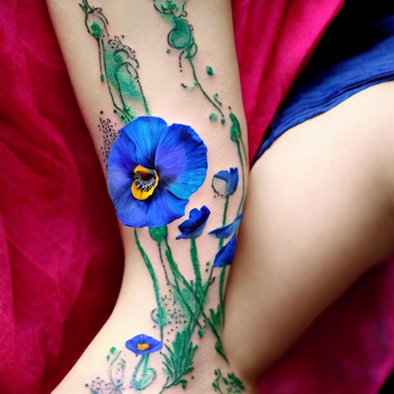 Colorful Blue and Purple Flower Tattoo on Arm with Green Stems
