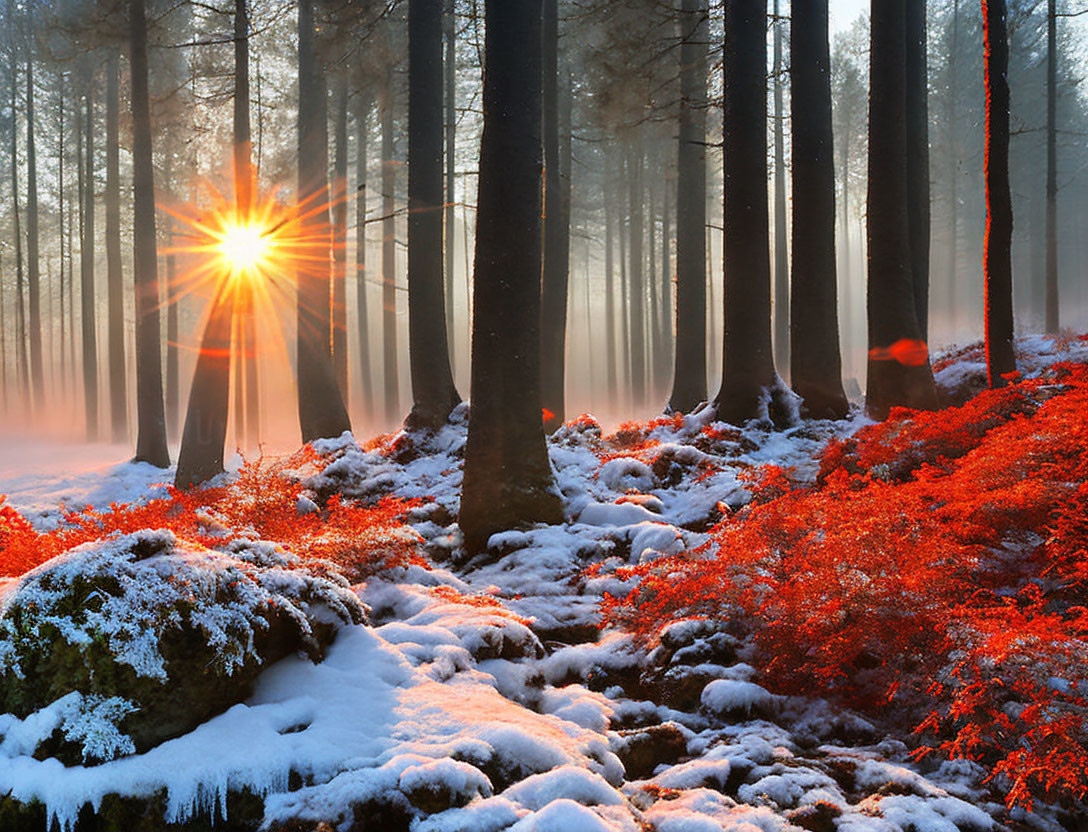 Misty forest sunrise over snow-dusted ground and red foliage