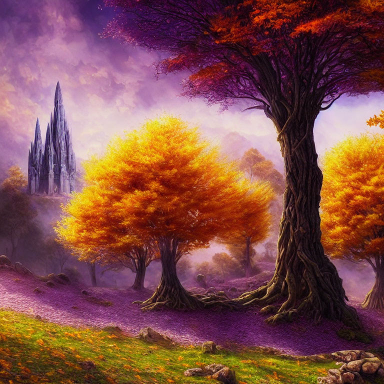 Colorful fantasy landscape with golden trees, purple ground, and misty castle
