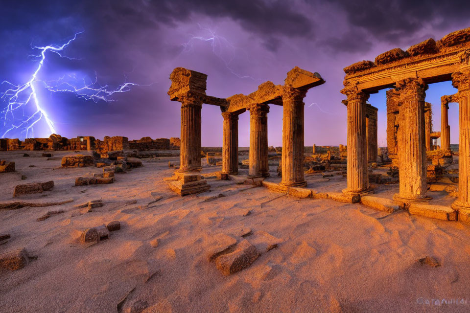 Ancient stone ruins under dramatic sky with lightning amidst sand at dusk or dawn