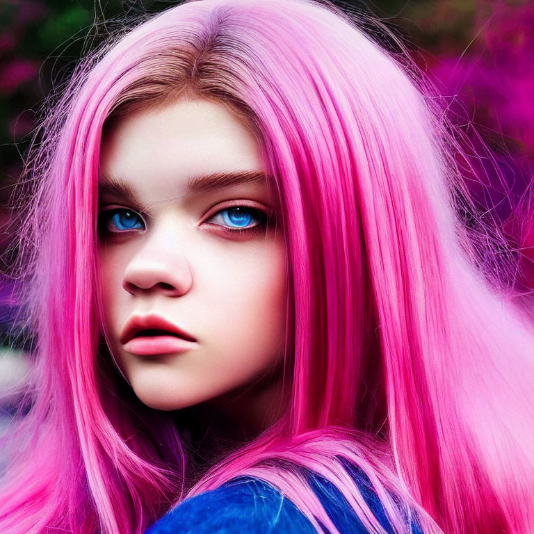 Portrait of young person with blue eyes and pink hair against nature backdrop
