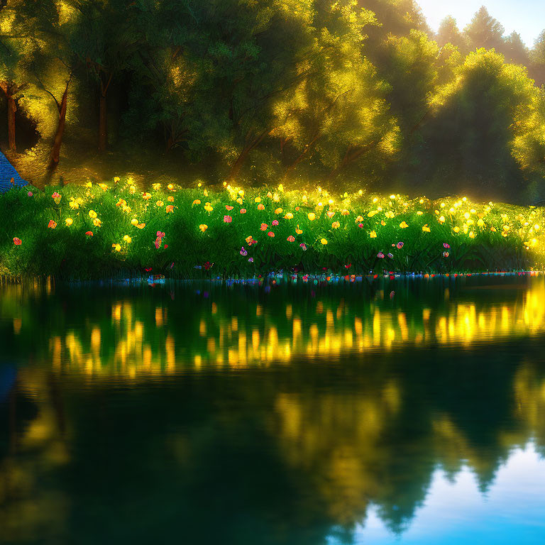 Tranquil lake with luminous wildflowers and serene forest scene