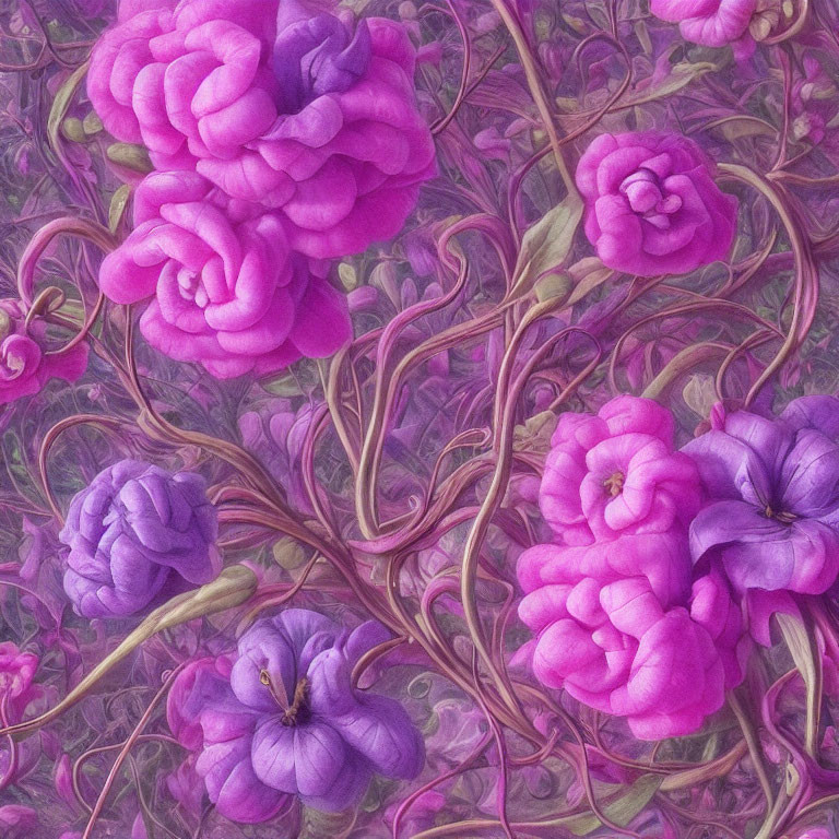 Detailed Purple and Pink Floral Illustration with Vines
