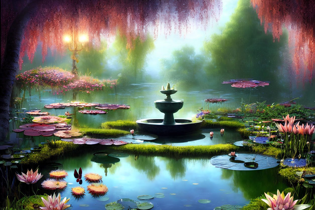 Tranquil pond with lily pads, fountain, lush greenery, and colorful flowers
