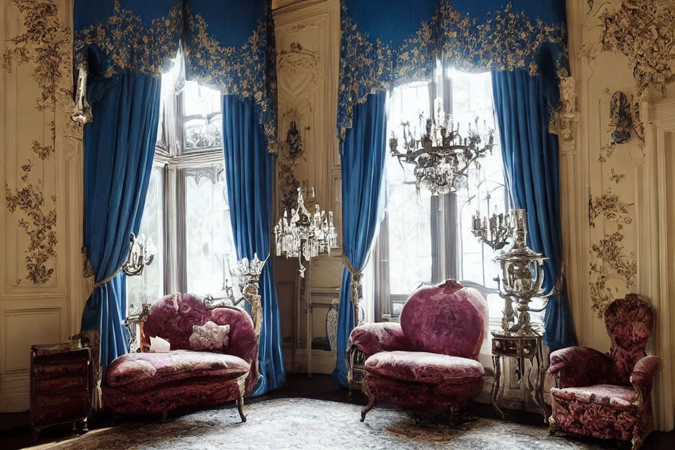 Vintage Room with Blue Drapes, Ornate Wallpaper, Pink Armchairs, Chandeliers,